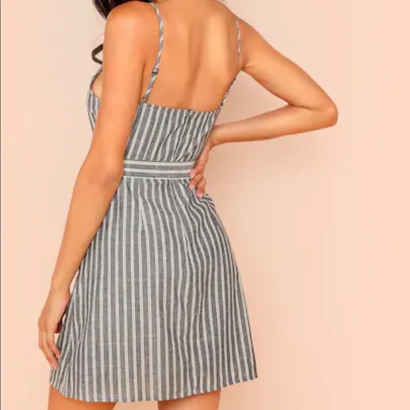 LAST ONE! Button Belted Faux Wrap Striped Dress - Picture 3 of 8